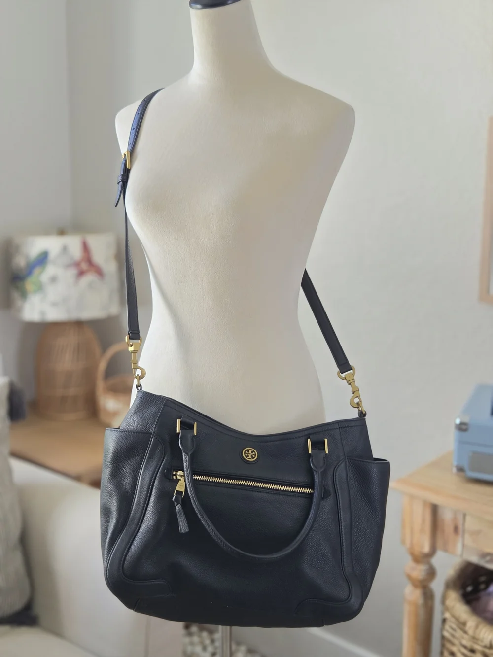 Tory Burch Black Pebbled Leather Shoulder Bag with Gold Hardware